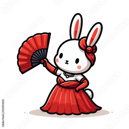Cartoon rabbit in red dress with fan in Spanish style. Ideal for cultural themes, dance performance concepts or international festival illustrations.