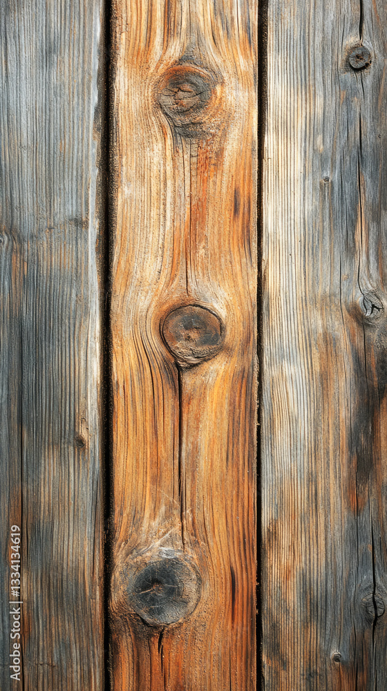 Weathered wooden plank with natural knots and texture in close-up view Weathered wooden plank with natural knots and texture in close-up view