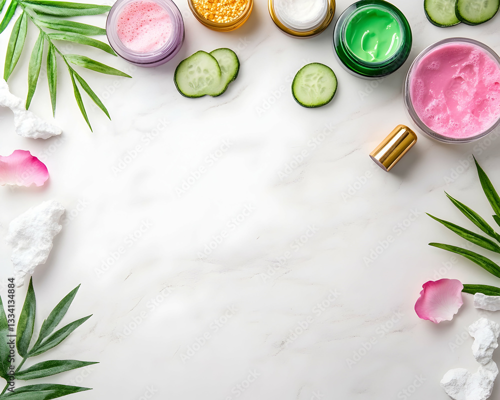 Skincare product flatlay with copy space Skincare product flatlay with copy space