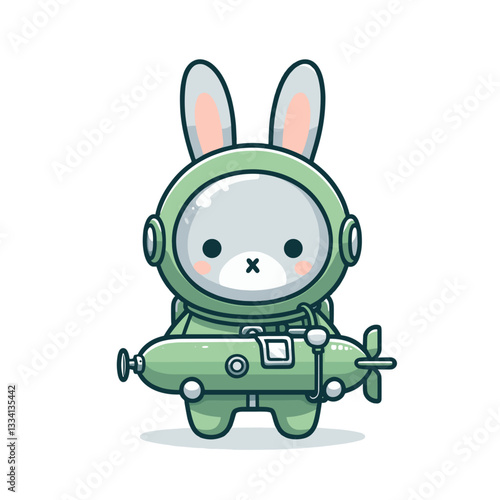 Astronaut bunny in green spacesuit with mini rocket. Vector illustration perfect for space exploration, science fiction themes, and educational content.