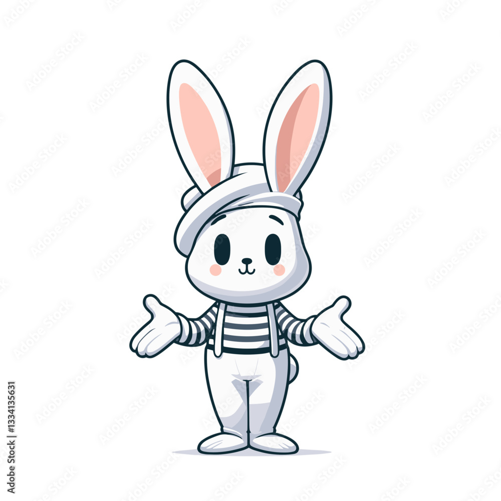 Mime bunny in striped shirt with expressive pose. Vector illustration for performing arts and street entertainment concepts. Mime bunny in striped shirt with expressive pose. Vector illustration for performing arts and street entertainment concepts.