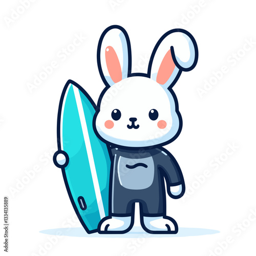 Cartoon surfer rabbit in wetsuit holding surfboard. Great for beach lifestyle content, water sports promotion or summer vacation illustrations.