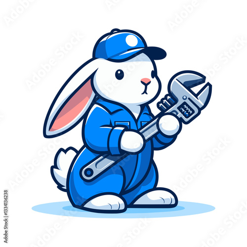 Plumber bunny in blue uniform holding wrench on transparent background. Vector illustration perfect for maintenance services, repair concepts, or professional trades marketing.