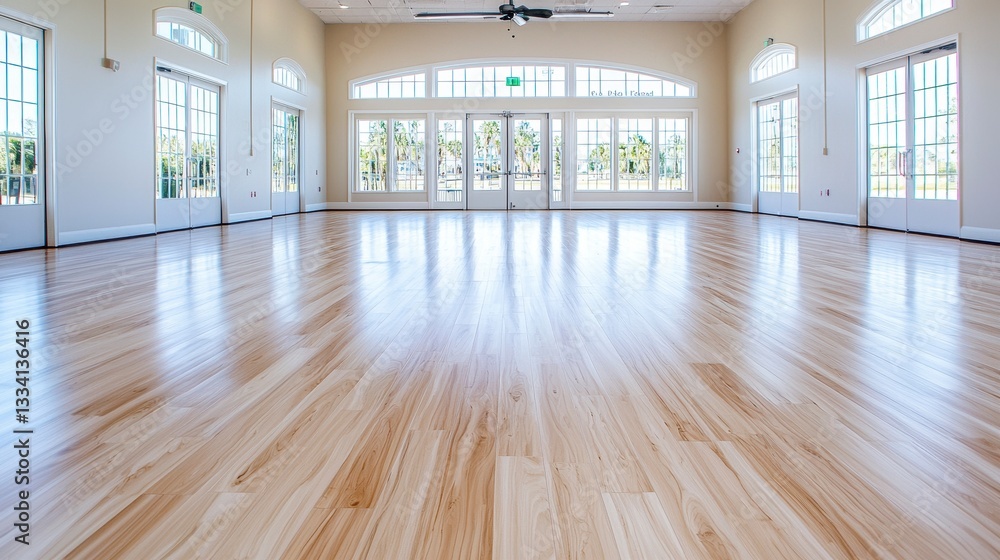 Obraz premium Bright Hall with Polished Light Brown Wooden Floor and Large Windows