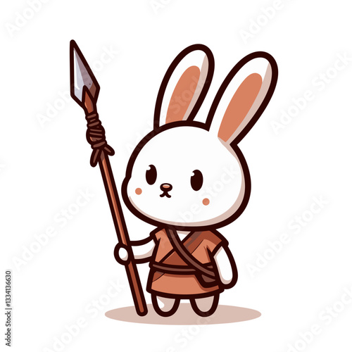 Tribal bunny hunter with spear in brown outfit. Vector illustration ideal for ancient cultures, primitive survival, and historical lifestyle content.