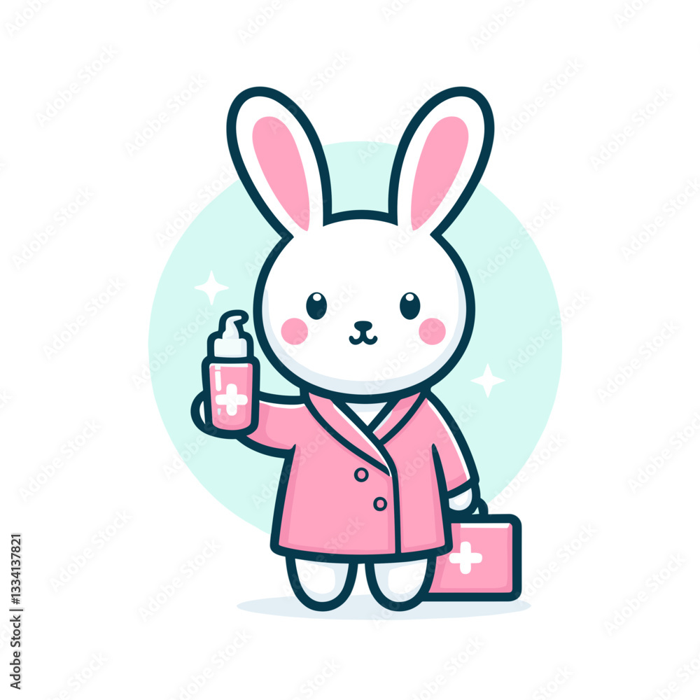 Obraz premium Businesswoman bunny in pink suit with briefcase and cosmetics on transparent background. Vector illustration ideal for female entrepreneurship, beauty industry, or work-life balance concepts.