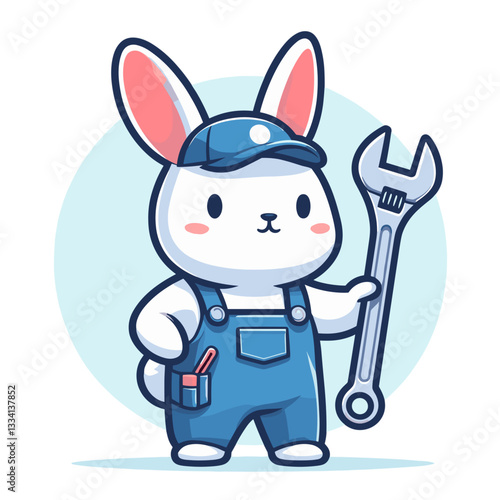 Mechanic bunny in blue overalls holding wrench on circular background. Vector illustration perfect for repair services, maintenance businesses, or technical support promotional materials.