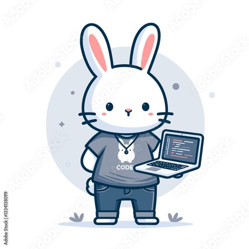 Tech-savvy bunny programmer with laptop in casual outfit. Vector illustration ideal for software development, coding education, and digital career concepts.