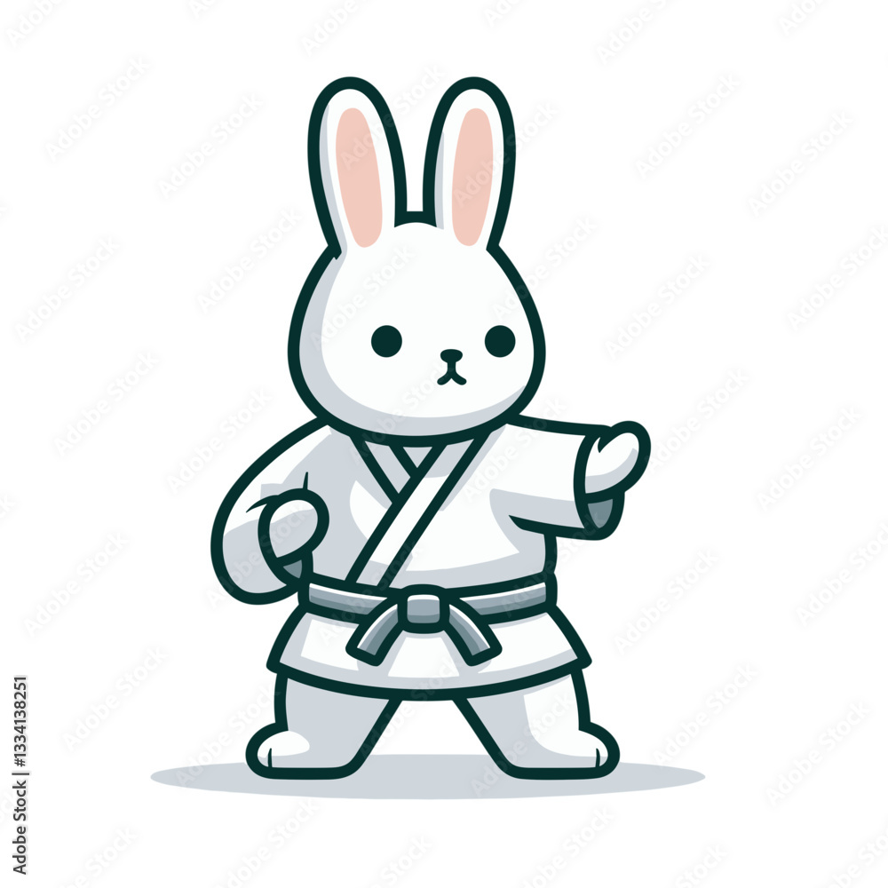 Obraz premium Karate bunny in white gi uniform in fighting stance. Vector illustration for martial arts schools and self-defense training.