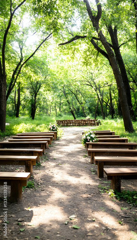 Sunlit outdoor aisle with wooden benches and floral arrangements, leading to a rustic ceremony area in a lush green forest Sunlit outdoor aisle with wooden benches and floral arrangements, leading to a rustic ceremony area in a lush green forest