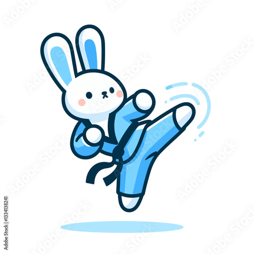 Taekwondo bunny performing high kick in blue uniform. Vector illustration for martial arts competitions and athletic training.