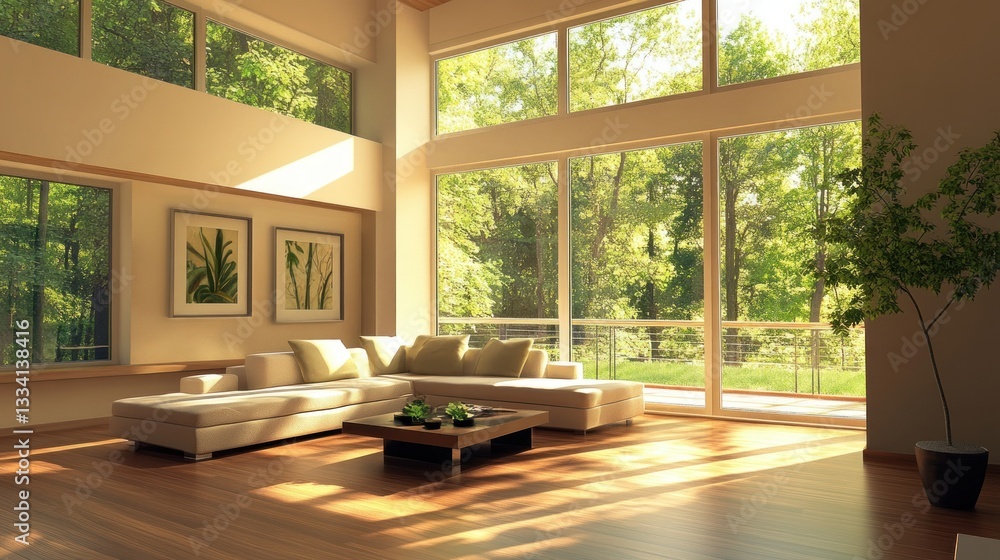 A modern living room with large windows and natural sunlight A modern living room with large windows and natural sunlight