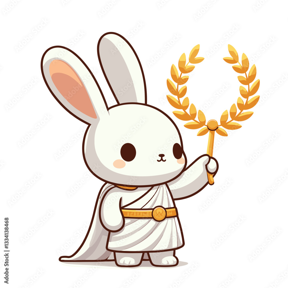Fototapeta premium Noble cartoon rabbit in white toga holding golden laurel wreath. Ideal for victory concepts, achievement celebrations or classical mythology themed illustrations.