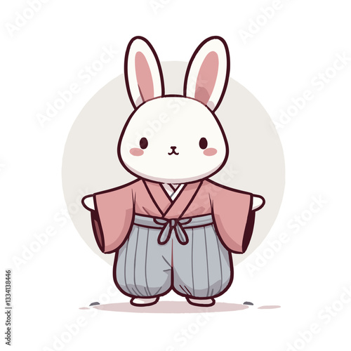 Elegant cartoon rabbit in traditional Japanese kimono outfit. Ideal for cultural themes, Asian traditions or ceremonial costume illustrations.