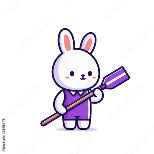 Cartoon canoe paddler rabbit in purple outfit with oar. Great for water sports activities, summer camp themes or outdoor recreation illustrations.