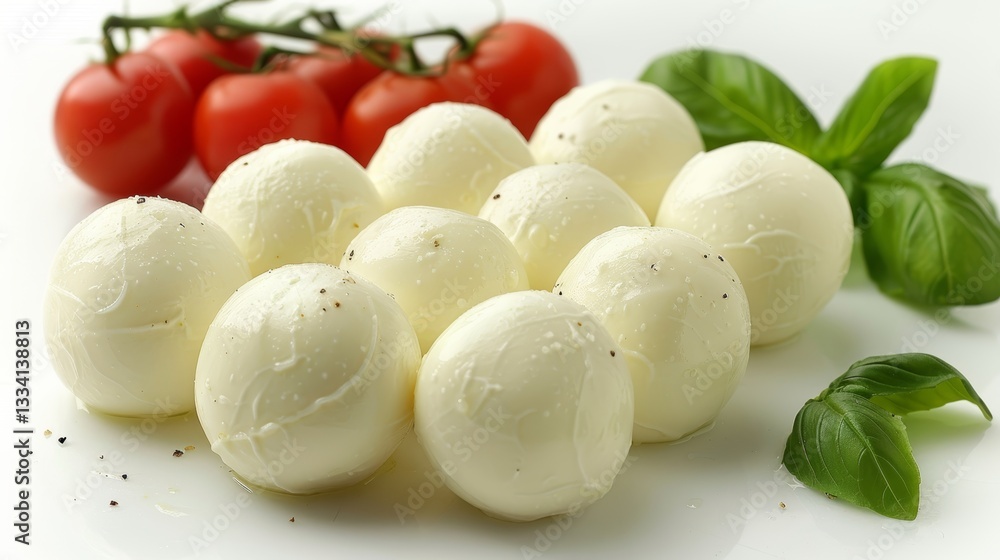 Fresh mozzarella balls arranged with vibrant cherry tomatoes on the vine and fragrant basil leaves, sprinkled with black pepper on a white surface, creating a culinary delight Fresh mozzarella balls arranged with vibrant cherry tomatoes on the vine and fragrant basil leaves, sprinkled with black pepper on a white surface, creating a culinary delight