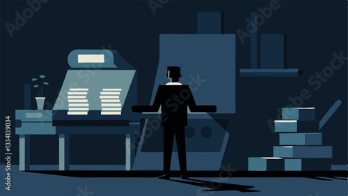 Printing Press Scene An illustration of a dimly lit room featuring a large printing press with stacks of blank paper and piles of counterfeit bills being printed with a shadowy