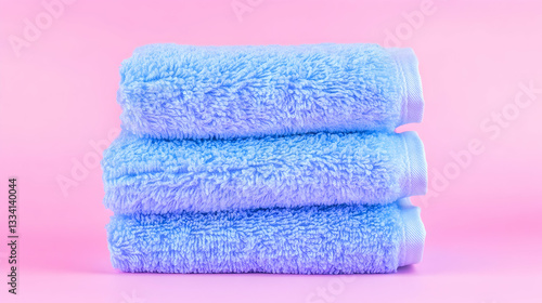 Three light blue fluffy towels stacked on a pink background