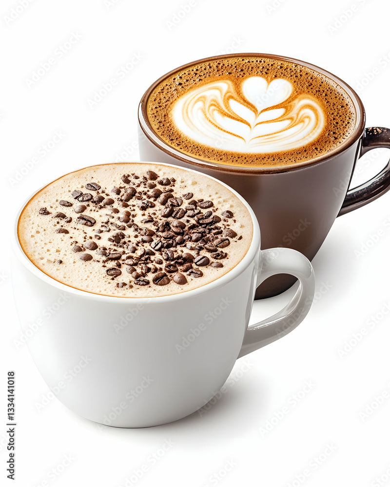Obraz premium Two cups of coffee; one with latte art, the other with chocolate shavings