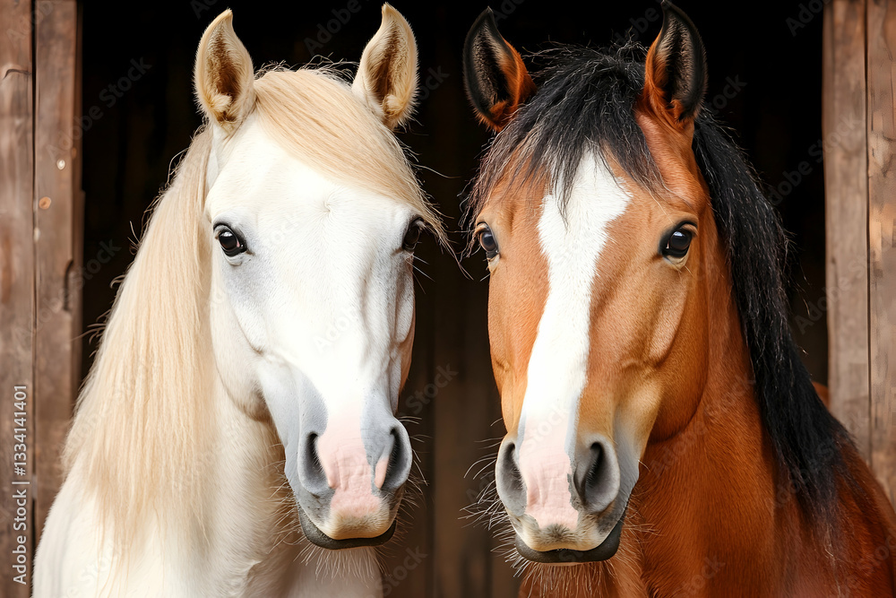 Obraz premium Two horses, one white, one chestnut, stand side-by-side in a dark wooden stable doorway