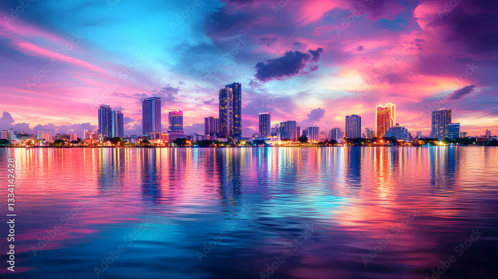 Fototapeta premium Vibrant cityscape reflected in calm water at sunset