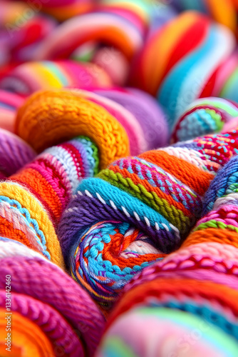 Vibrant, colorful yarn swirls in close-up