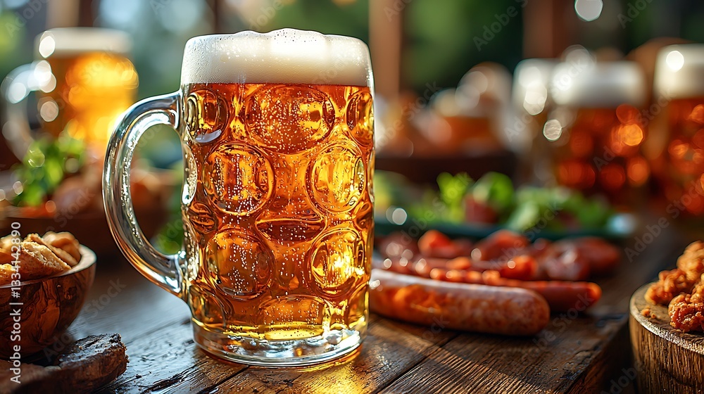 A large beer stein with food on a rustic wooden table A large beer stein with food on a rustic wooden table