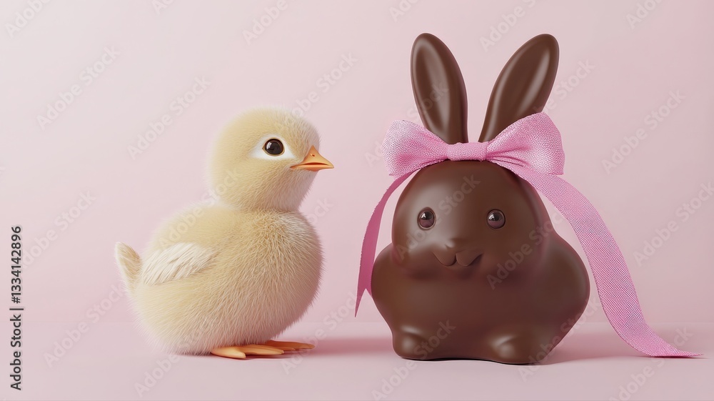 A charming 3D render of a fluffy yellow chick sitting beside a chocolate bunny with a pink ribbon, creating a cute and festive Easter scene A charming 3D render of a fluffy yellow chick sitting beside a chocolate bunny with a pink ribbon, creating a cute and festive Easter scene