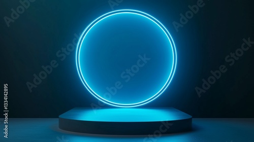 Blue empty podium with glowing neon frame in the dark for product presentation. 3D rendering