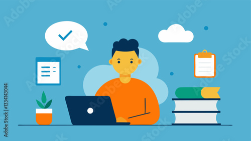 Freelancer at a Desk A freelancer sitting at a desk surrounded by paperwork and a laptop with a thought bubble showing a checklist of tax deductions like home office expenses