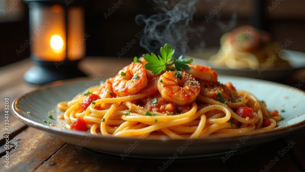 Fototapeta premium Aromatic Shrimp Scampi Pasta with Tomato Sauce, Fresh Parsley, and a Delicate Sprinkle of Parmesan