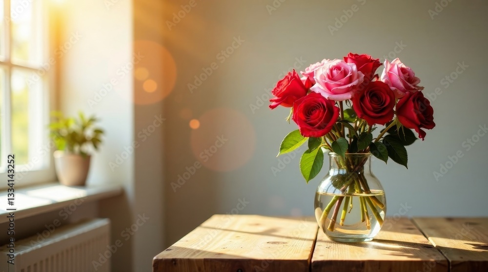 Fototapeta premium Sunlit Bouquet of Red and Pink Roses in Glass Vase on Wooden Table