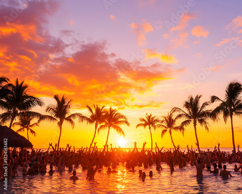 Vibrant sunset silhouettes of a large group of people celebrating in a tropical pool