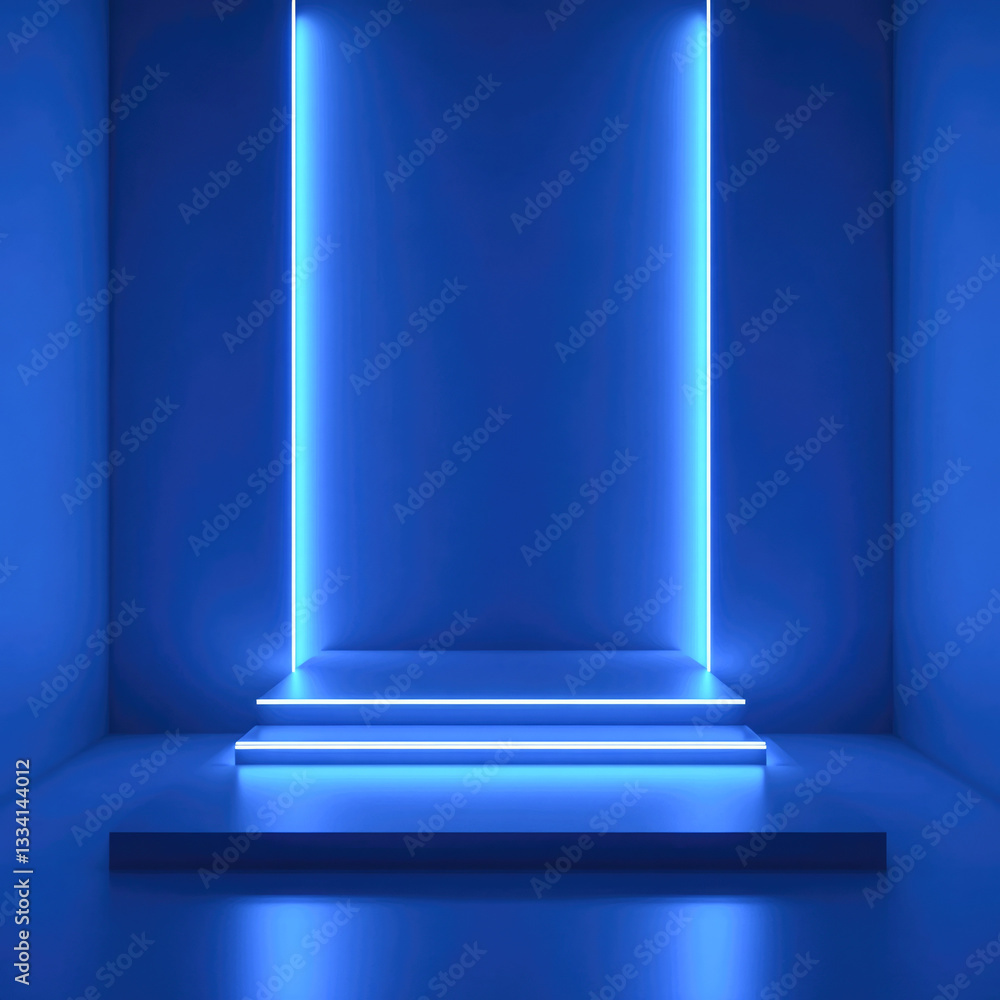 Obraz premium Futuristic blue neon lit room with glowing steps and walls