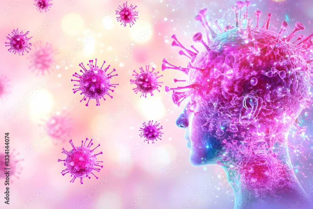 Fototapeta premium Viral infection impacting human head, depicted with vibrant pink virus particles