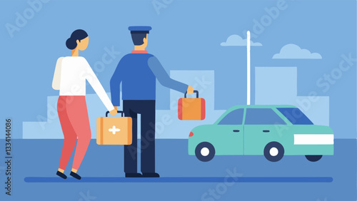 Safe Arrival An illustration of a police officer helping a nervous individual with a suitcase as they approach a plain car parked outside an airport terminal.