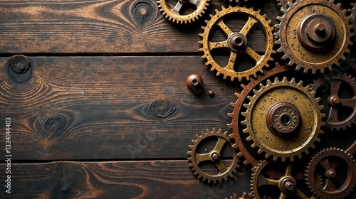 Intricate Antique Gears on Dark Wooden Surface A Background Image Featuring Aged Metal Cogwheels
