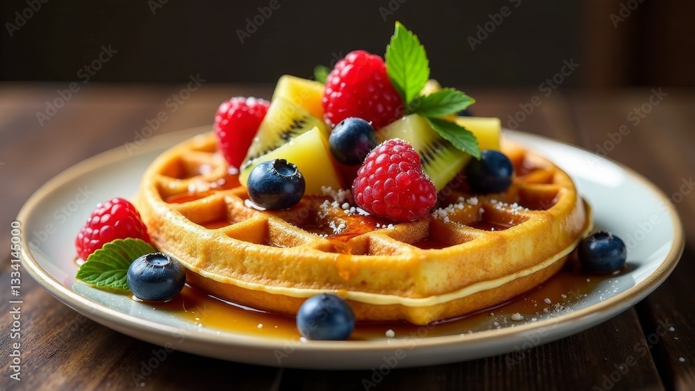 A golden waffle, generously topped with a medley of fresh raspberries, blueberries, and kiwi slices, drizzled with a sweet syrup, served on a plate. A golden waffle, generously topped with a medley of fresh raspberries, blueberries, and kiwi slices, drizzled with a sweet syrup, served on a plate.