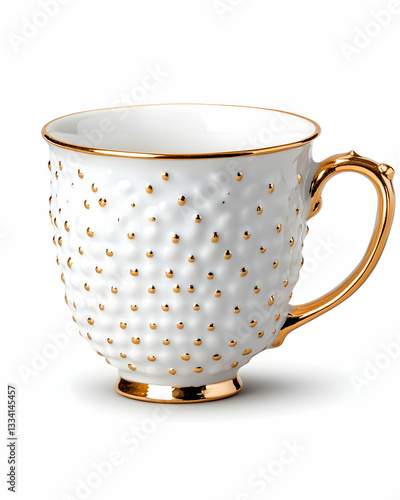 White teacup with gold detailing and textured surface