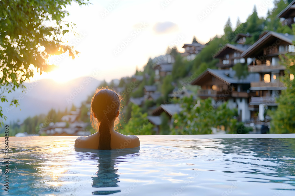 Woman relaxes in infinity pool overlooking sunset mountain village Woman relaxes in infinity pool overlooking sunset mountain village