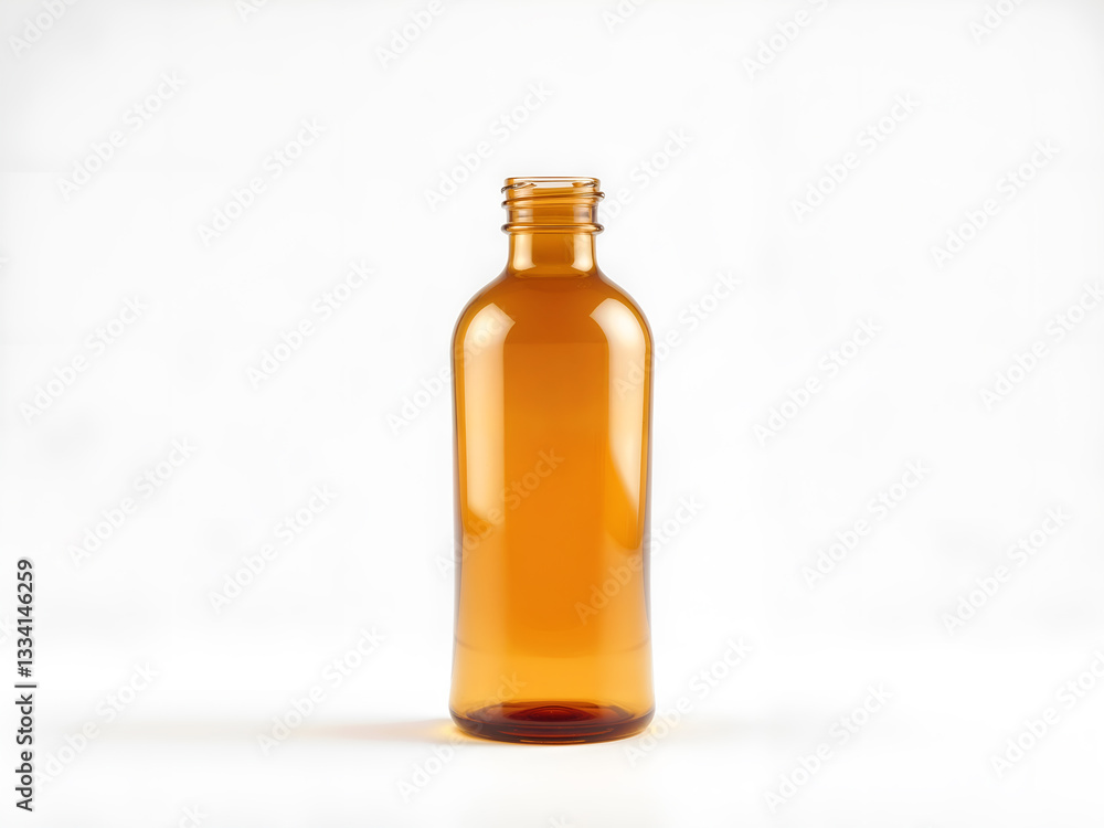 A brown glass bottle with a shadow on a white surface. Generative AI A brown glass bottle with a shadow on a white surface. Generative AI