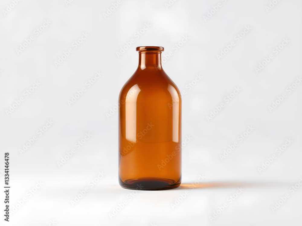 A brown glass bottle with a shadow on a white surface. Generative AI A brown glass bottle with a shadow on a white surface. Generative AI