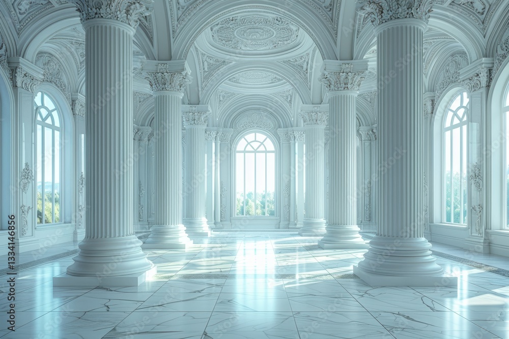 Opulent White Marble Hall with Grand Columns and Arched Windows Bathed in Soft Sunlight, Reflecting on Polished Stone Floor Opulent White Marble Hall with Grand Columns and Arched Windows Bathed in Soft Sunlight, Reflecting on Polished Stone Floor