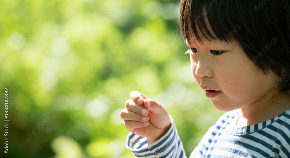 Asian male child observing nature in sunlit garden Asian male child observing nature in sunlit garden