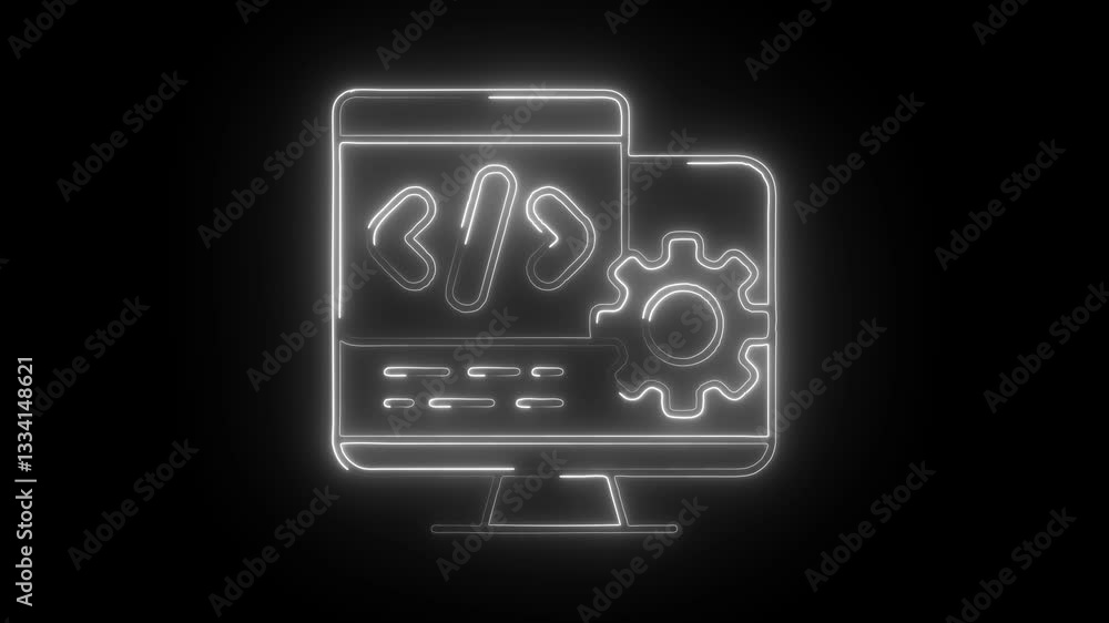 Glowing neon programming icon isolated on black background. HD Video motion graphic animation Glowing neon programming icon isolated on black background. HD Video motion graphic animation