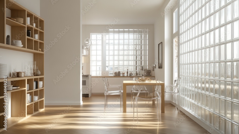 Fototapeta premium Sunny minimalist dining room, glass block wall, shelving, interior design