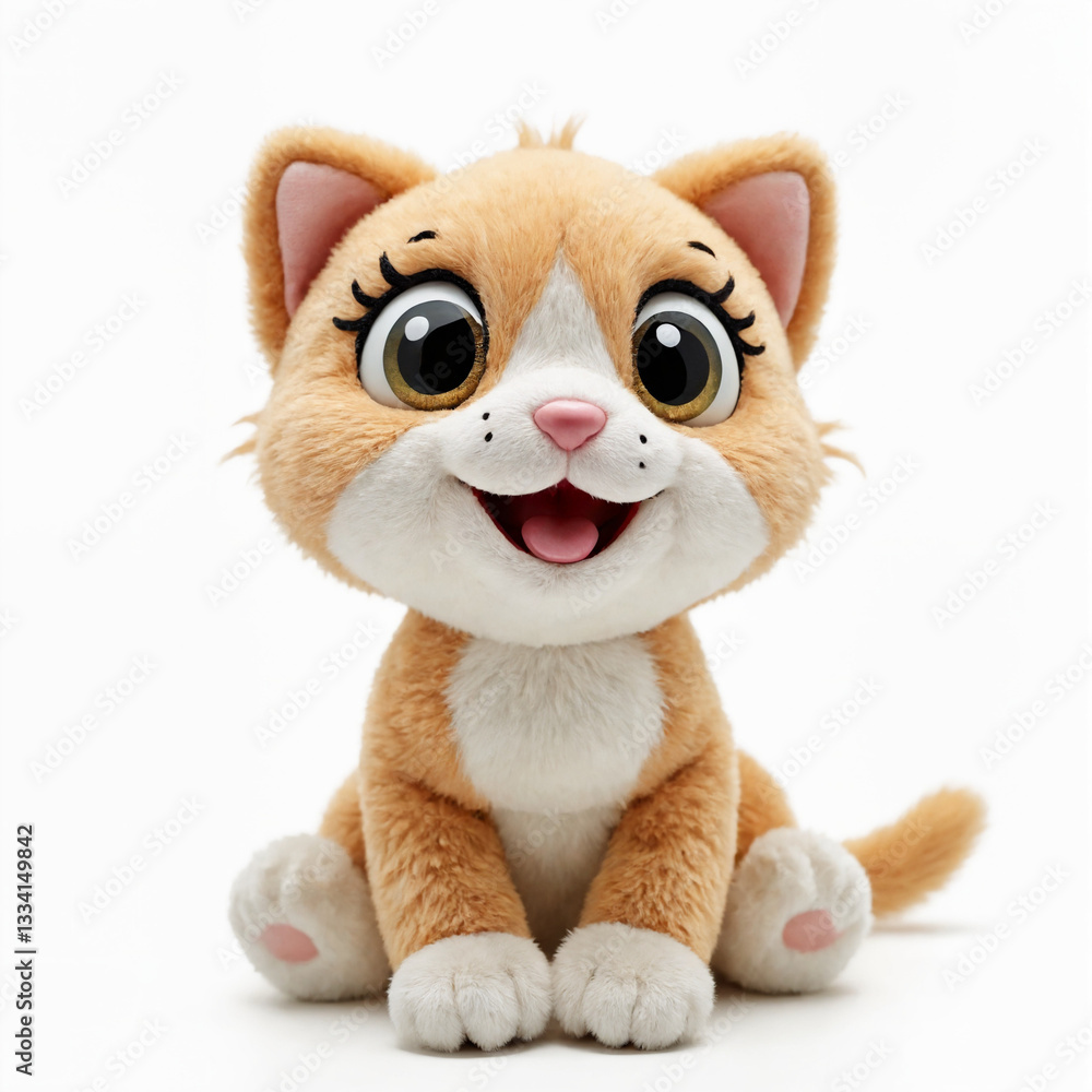 Fototapeta premium Adorable plush kitten toy sitting with a happy expression on a white background