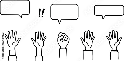Protest or voting illustration. raising hands and speech bubbles illustration