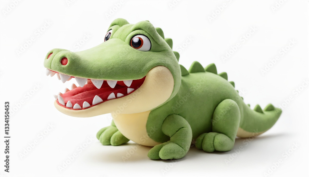 Fototapeta premium Playful plush crocodile toy lying with a happy expression on a white background