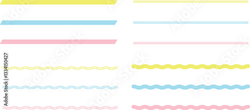 Set of colorful highliting pen line drawing, line dividers. Vector illustration.